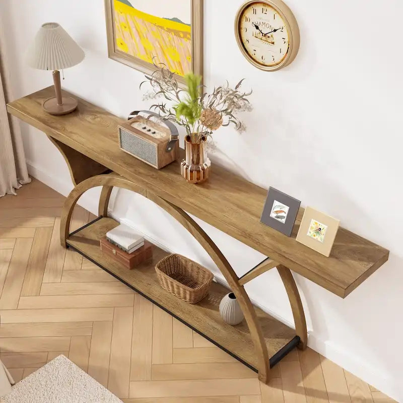2-Tier Narrow Console Table with Semi-Circular Frame, Gray