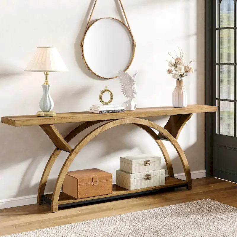 2-Tier Narrow Console Table with Semi-Circular Frame, Gray