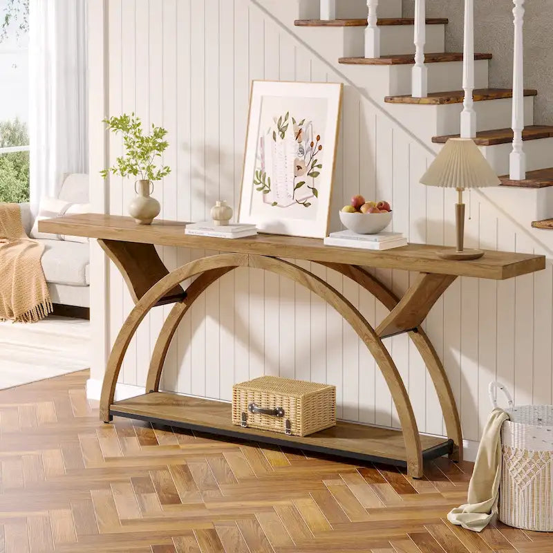 2-Tier Narrow Console Table with Semi-Circular Frame, Gray