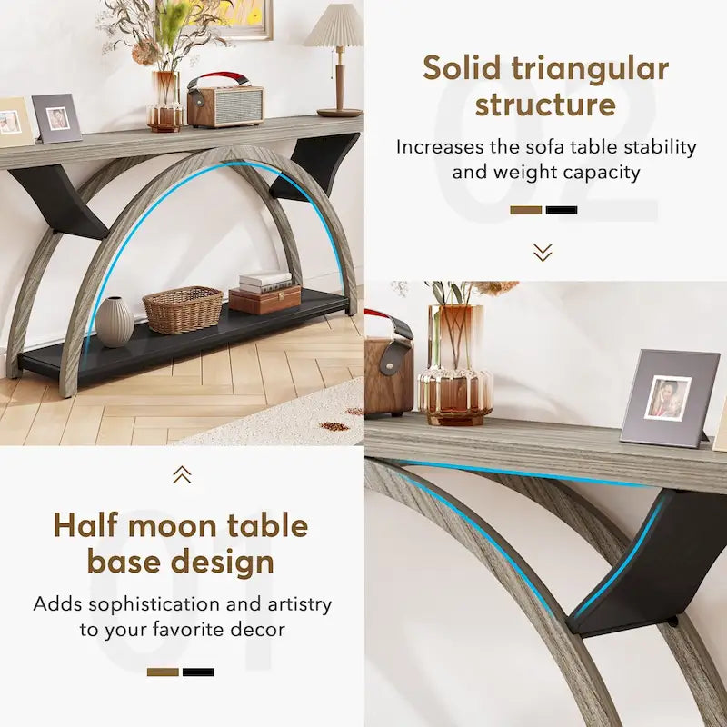 2-Tier Narrow Console Table with Semi-Circular Frame, Gray