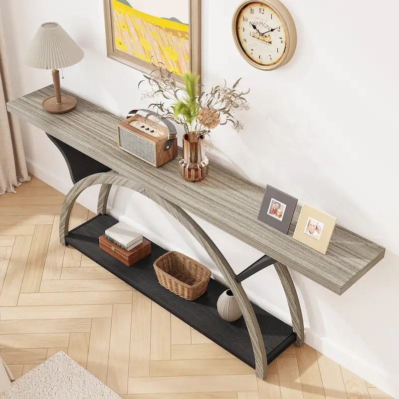 2-Tier Narrow Console Table with Semi-Circular Frame, Gray