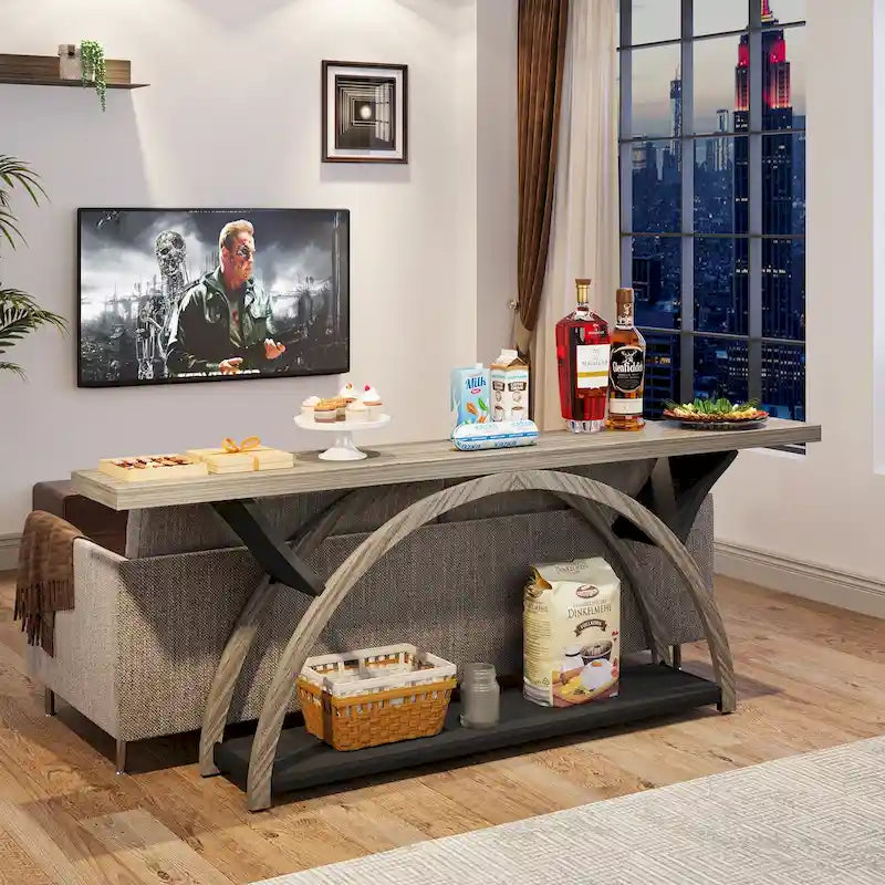 2-Tier Narrow Console Table with Semi-Circular Frame, Gray
