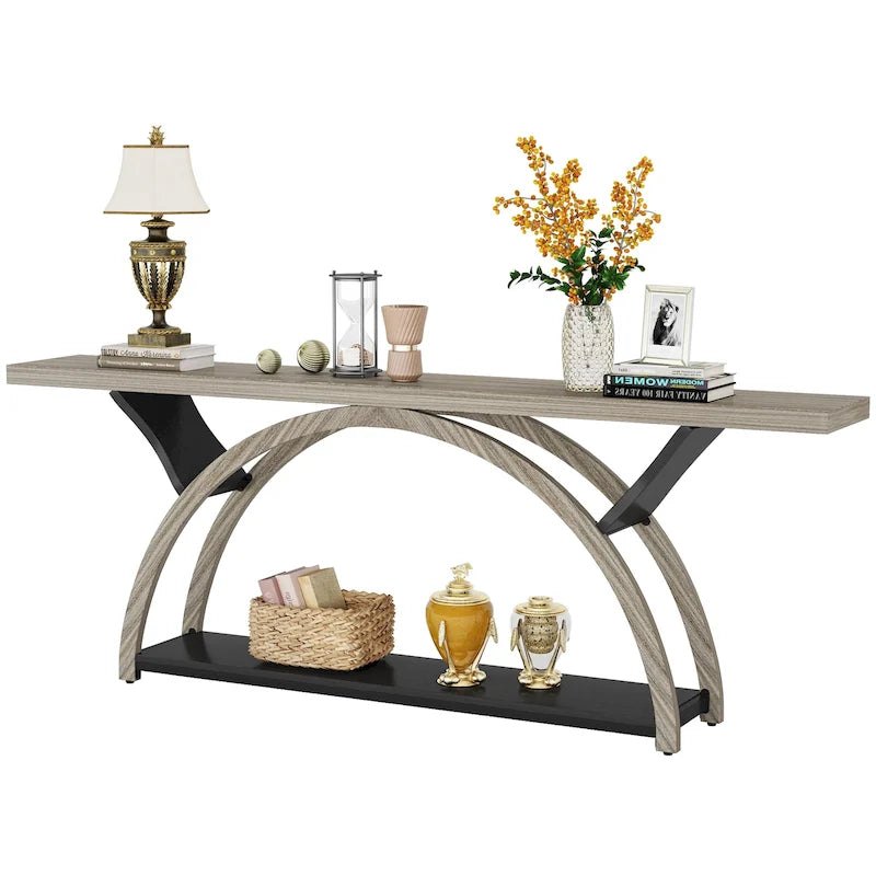 2-Tier Narrow Console Table with Semi-Circular Frame, Gray
