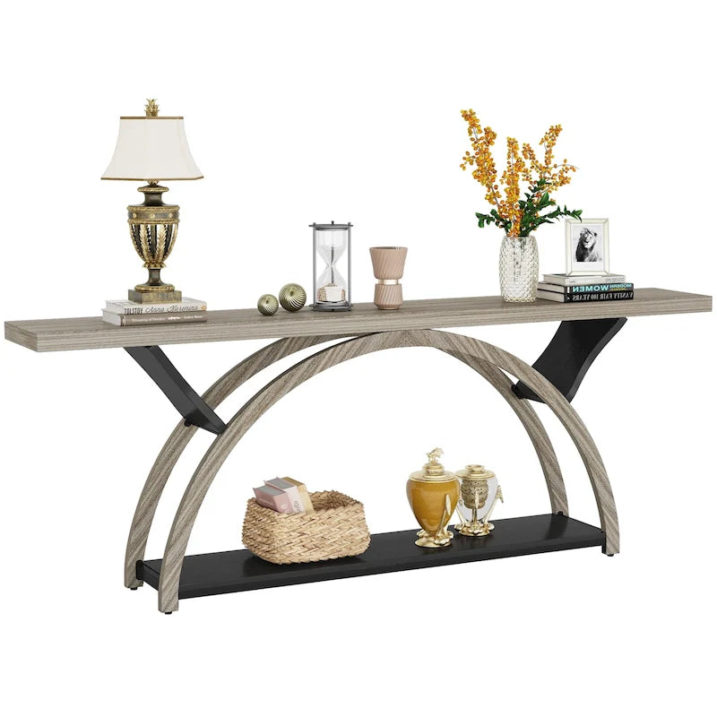2-Tier Narrow Console Table with Semi-Circular Frame, Gray