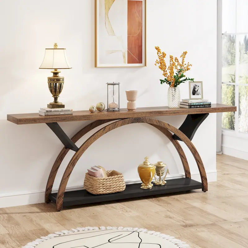 2-Tier Narrow Console Table with Semi-Circular Frame, Gray