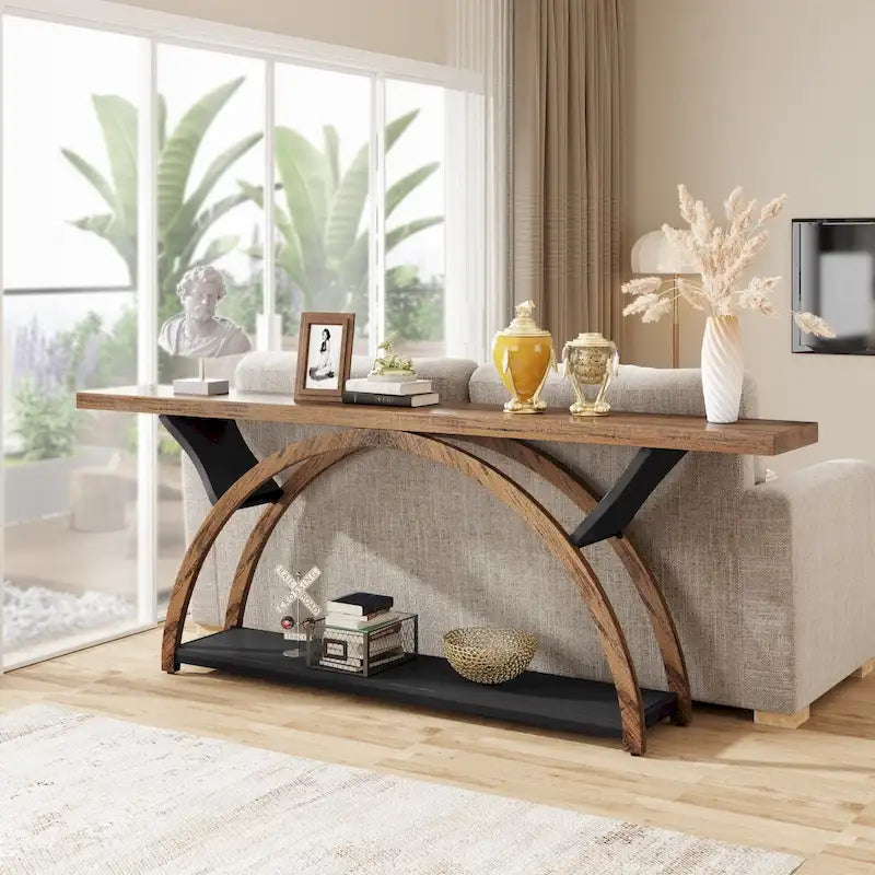 2-Tier Narrow Console Table with Semi-Circular Frame, Gray