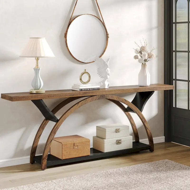 2-Tier Narrow Console Table with Semi-Circular Frame, Gray
