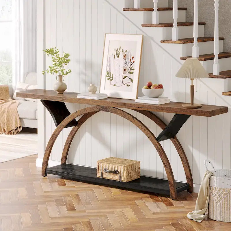 2-Tier Narrow Console Table with Semi-Circular Frame, Gray