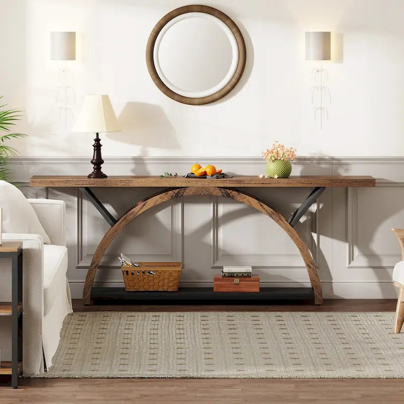 2-Tier Narrow Console Table with Semi-Circular Frame, Gray