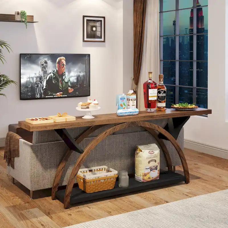 2-Tier Narrow Console Table with Semi-Circular Frame, Gray