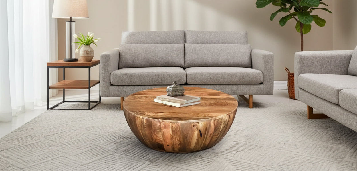 Arthur Mango Wood Coffee Table In Round Shape, Dark Brown