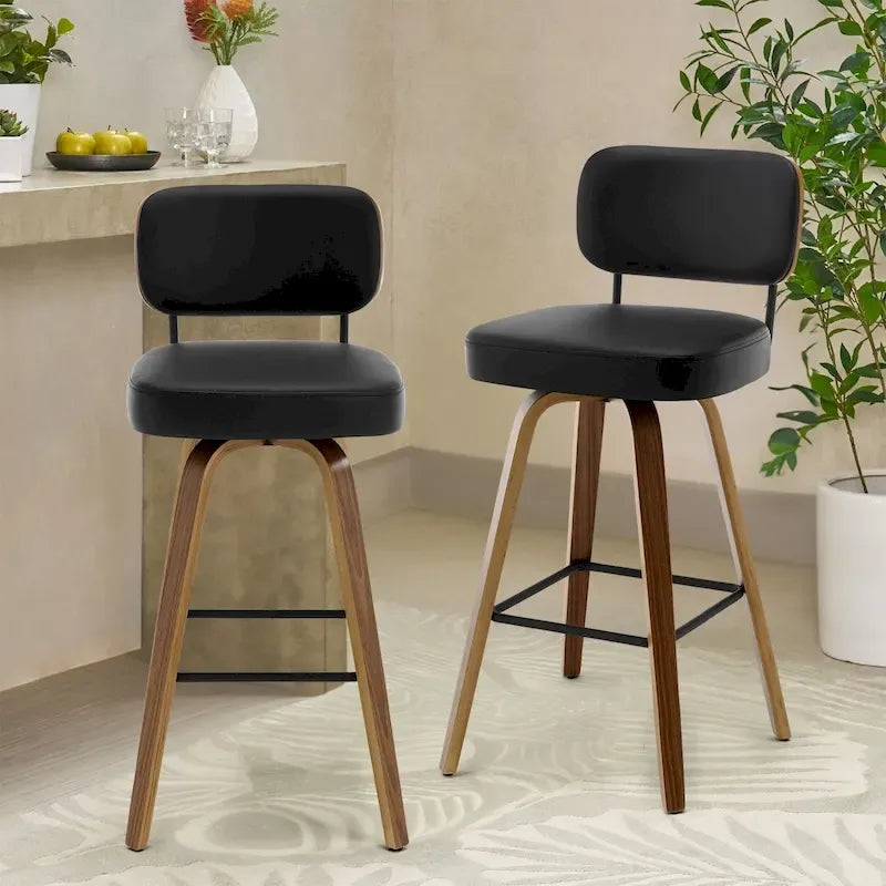 Swivel Bar Stools with Bentwood Legs, PU Leather, 26/29 Inch