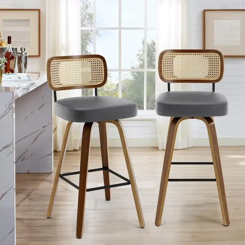 Swivel Bar Stools with Bentwood Legs, PU Leather, 26/29 Inch