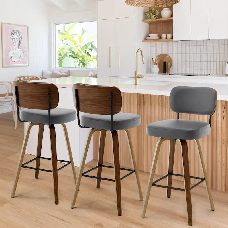 Swivel Bar Stools with Bentwood Legs, PU Leather, 26/29 Inch
