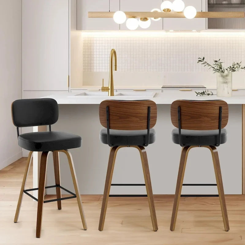 Swivel Bar Stools with Bentwood Legs, PU Leather, 26/29 Inch