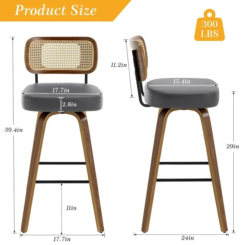 Swivel Bar Stools with Bentwood Legs, PU Leather, 26/29 Inch