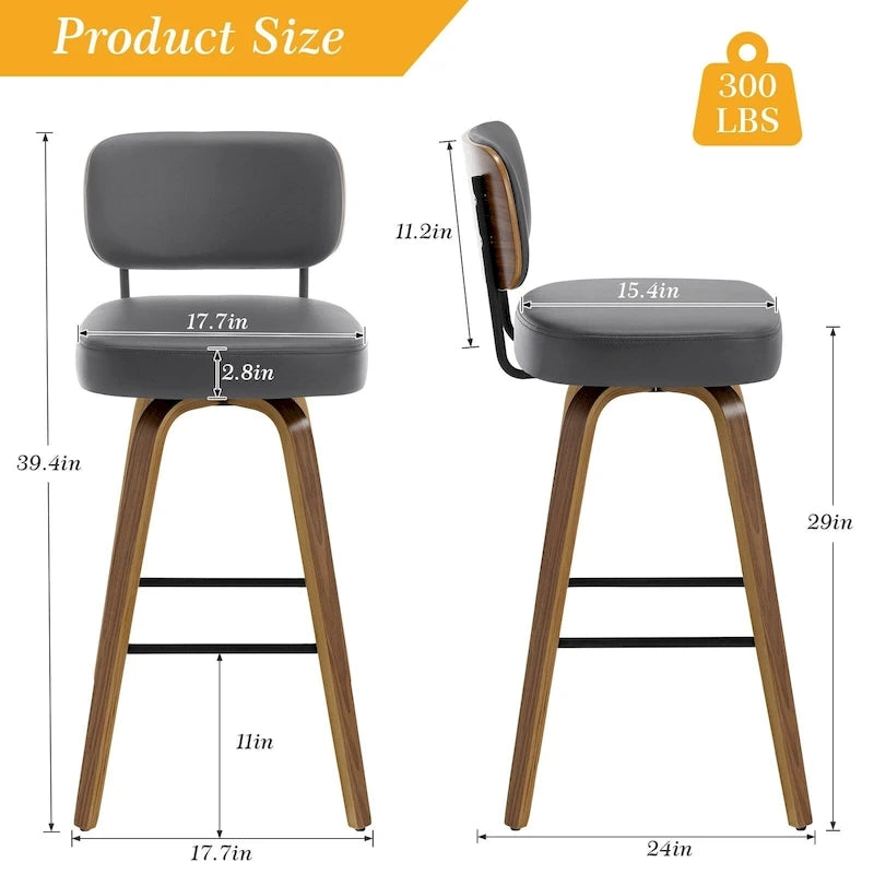 Swivel Bar Stools with Bentwood Legs, PU Leather, 26/29 Inch