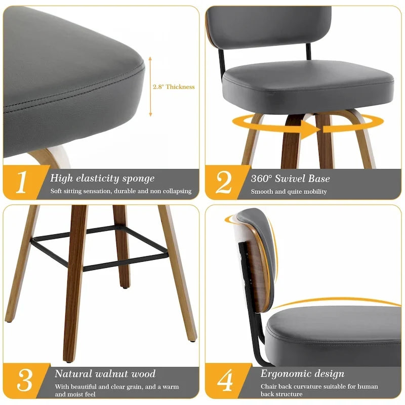 Swivel Bar Stools with Bentwood Legs, PU Leather, 26/29 Inch