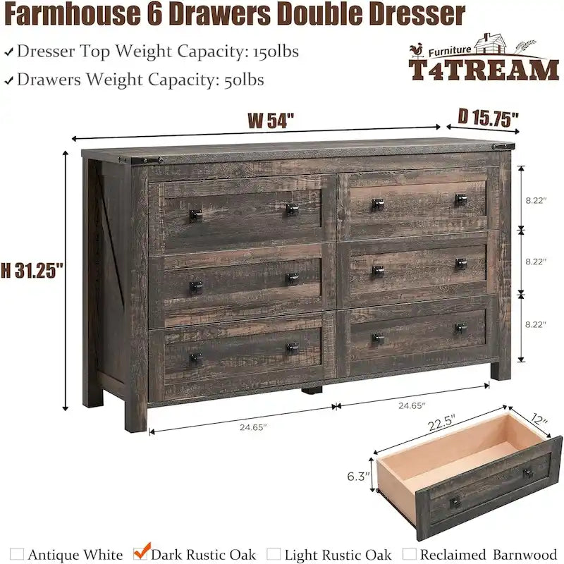 Farmhouse 6-Drawer Dresser, Wood, Chest of Drawers