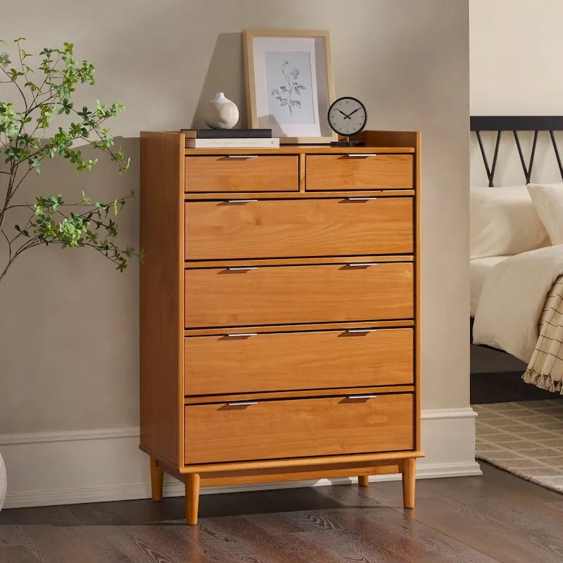 Modern Gallery Top Solid Pine Wood Chest, 6 Drawers