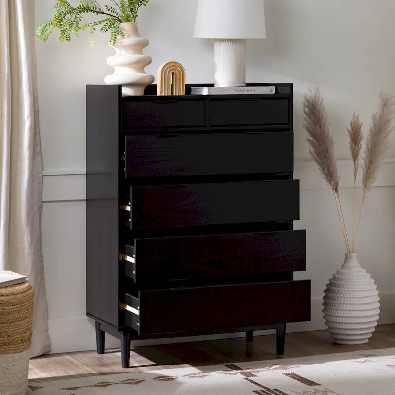 Modern Gallery Top Solid Pine Wood Chest, 6 Drawers
