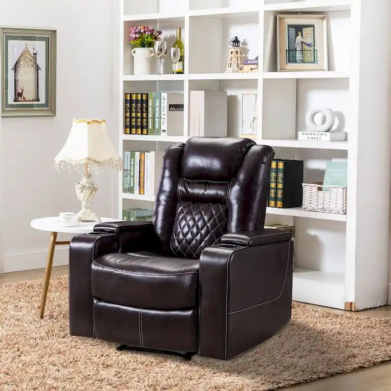 Leather Home Theater Recliner with USB Ports and Cup Holders