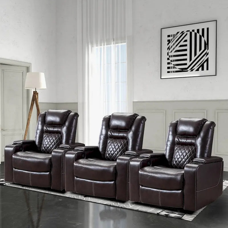Leather Home Theater Recliner with USB Ports and Cup Holders