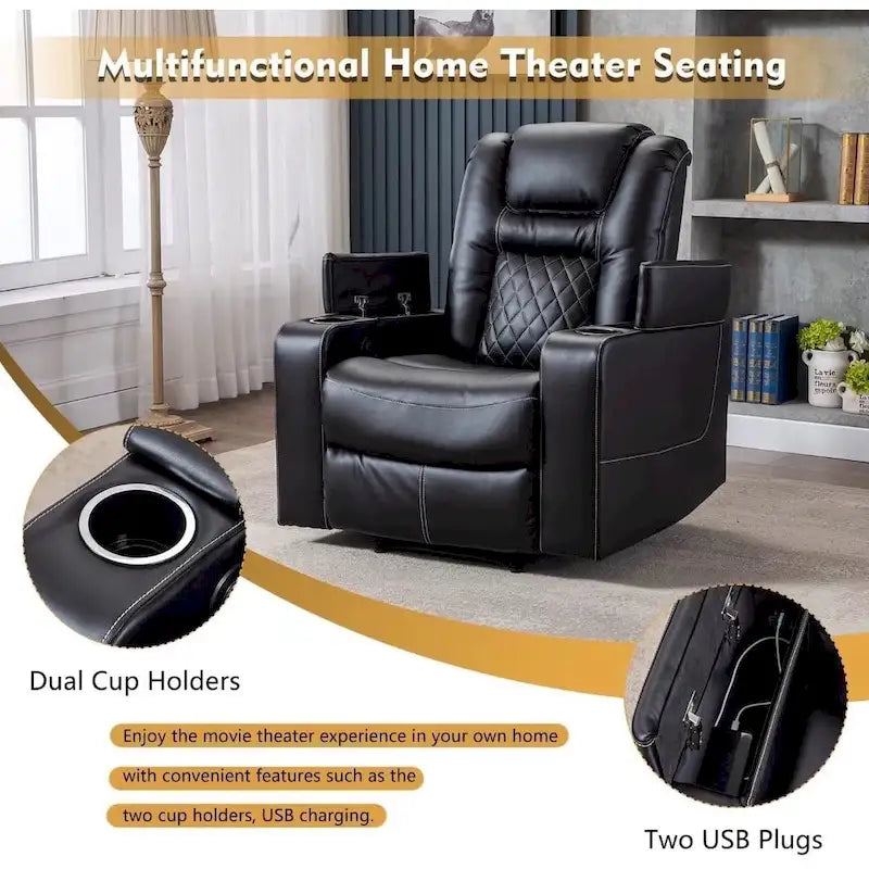 Leather Home Theater Recliner with USB Ports and Cup Holders