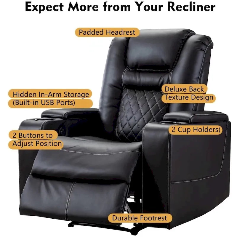 Leather Home Theater Recliner with USB Ports and Cup Holders