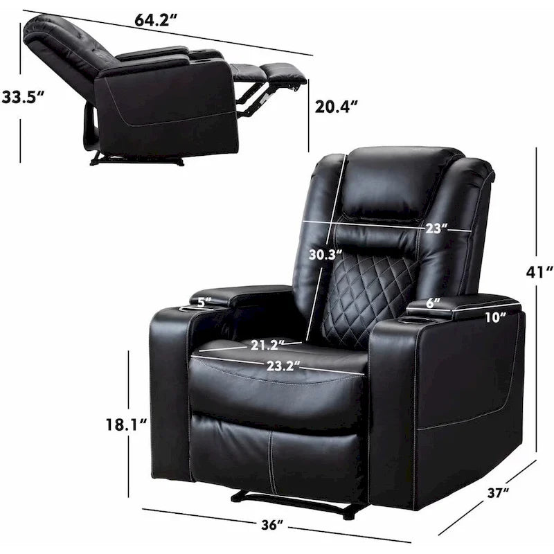 Leather Home Theater Recliner with USB Ports and Cup Holders