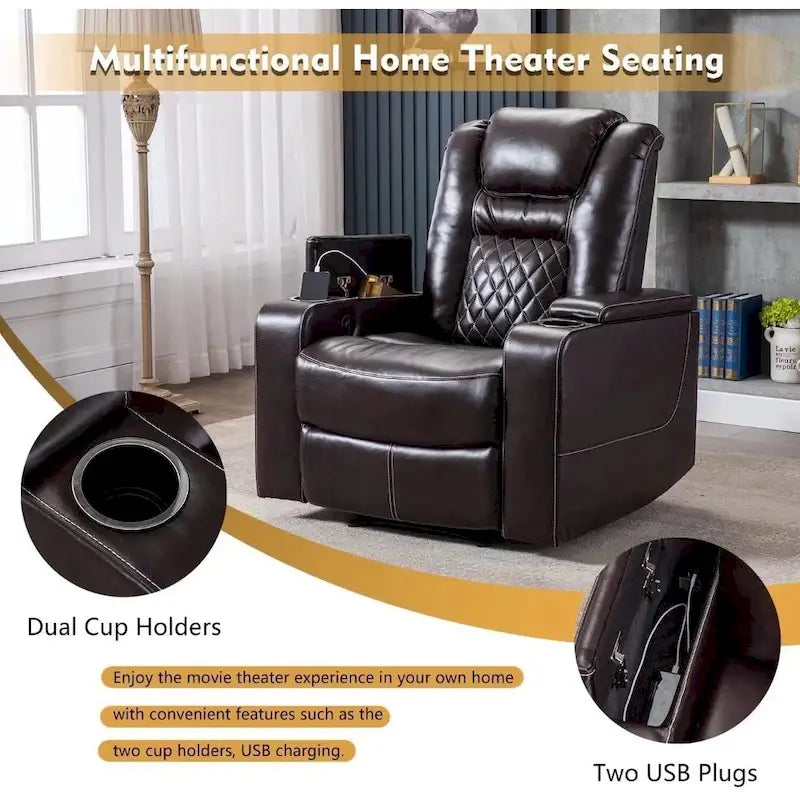 Leather Home Theater Recliner with USB Ports and Cup Holders