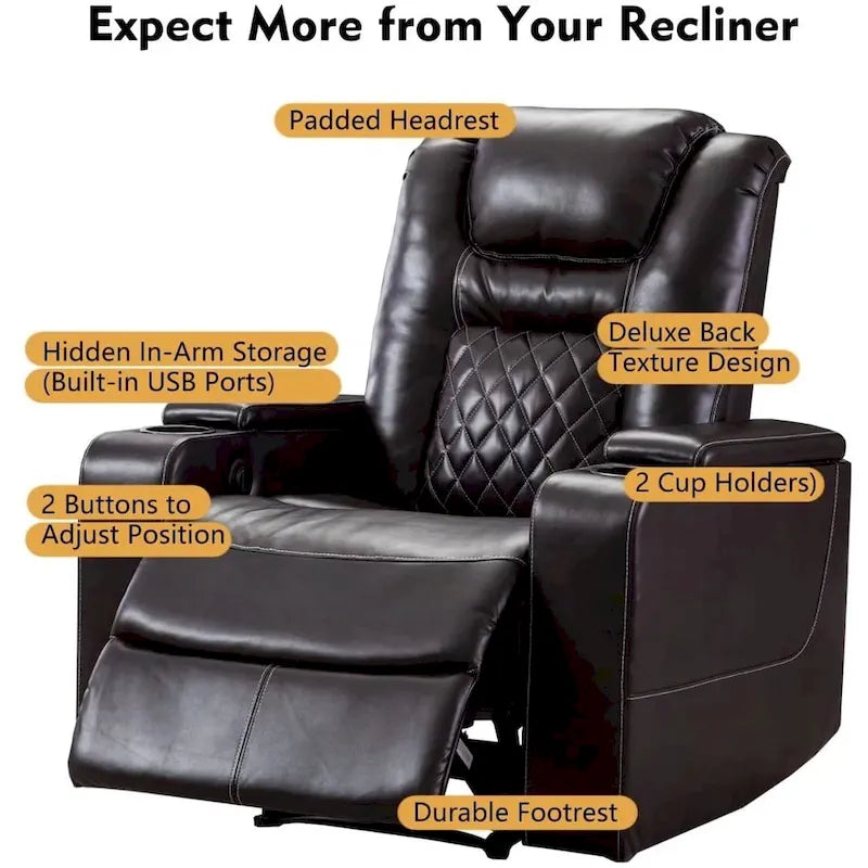 Leather Home Theater Recliner with USB Ports and Cup Holders