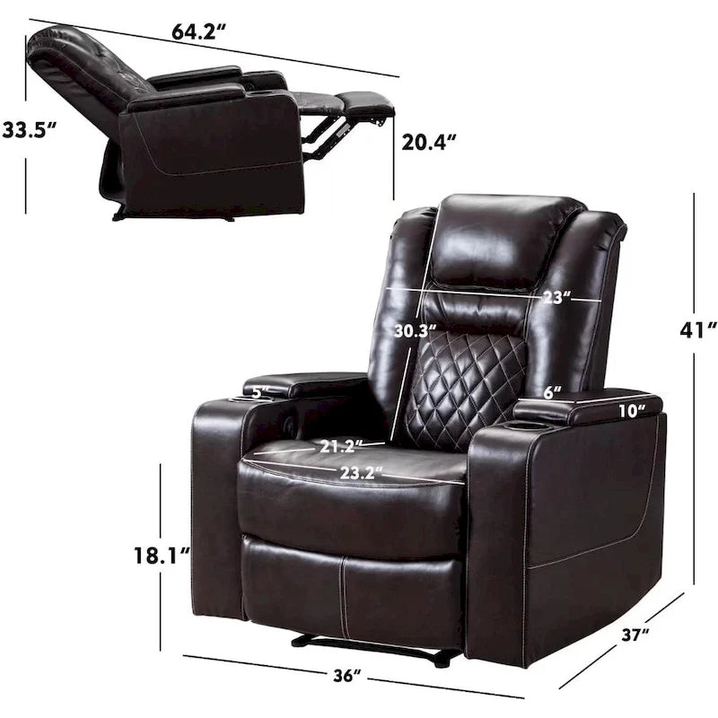 Leather Home Theater Recliner with USB Ports and Cup Holders
