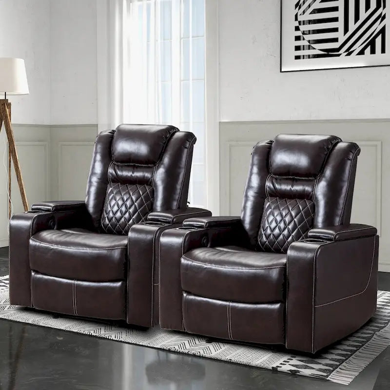 Leather Home Theater Recliner with USB Ports and Cup Holders