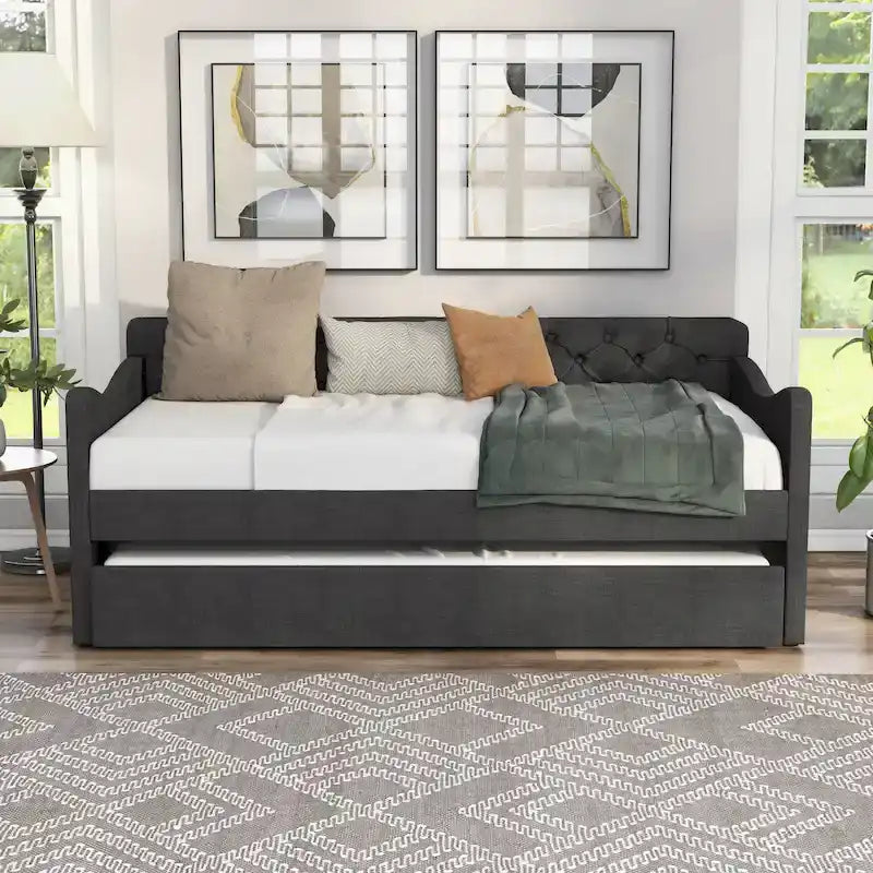 Contemporary Twin Upholstered Tufted Day Bed with Trundle
