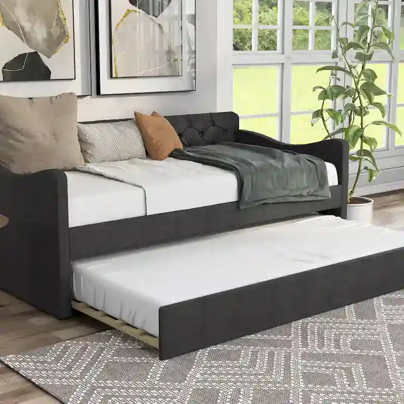 Contemporary Twin Upholstered Tufted Day Bed with Trundle
