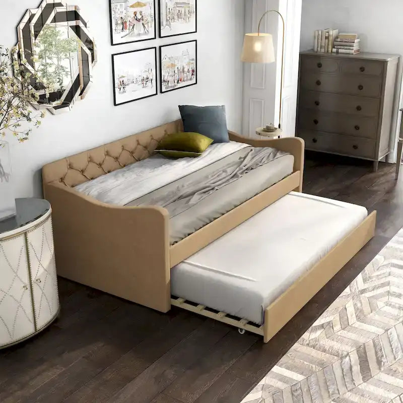 Contemporary Twin Upholstered Tufted Day Bed with Trundle