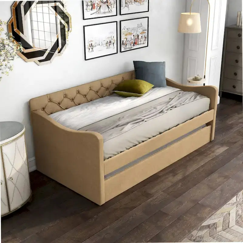 Contemporary Twin Upholstered Tufted Day Bed with Trundle