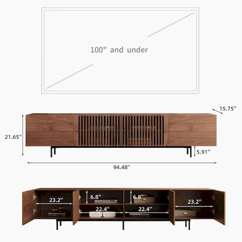 Mid-Century Modern TV Stand, 4 Doors, Fits TVs Up to 100 Inches