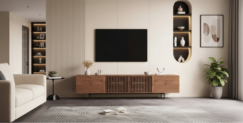 Mid-Century Modern TV Stand with 4 Doors Storage Cabinets, Fits TVs Up to 100 Inches, Living Room Entertainment Center