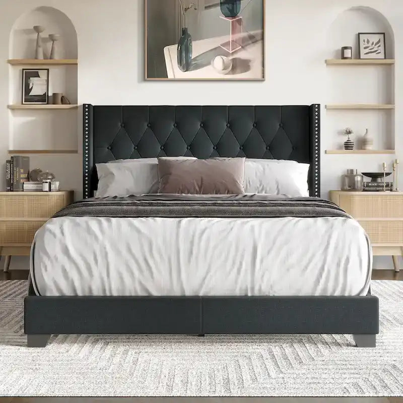 Button Tufted Wingback Upholstered Bed, Multiple Sizes and Colors