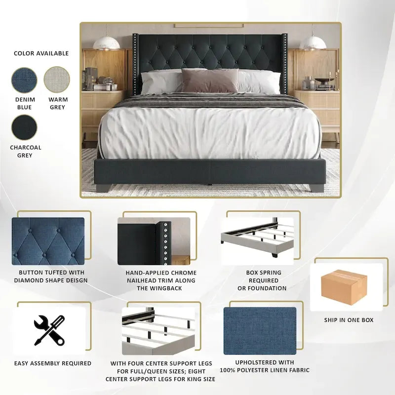 Button Tufted Wingback Upholstered Bed, Multiple Sizes and Colors