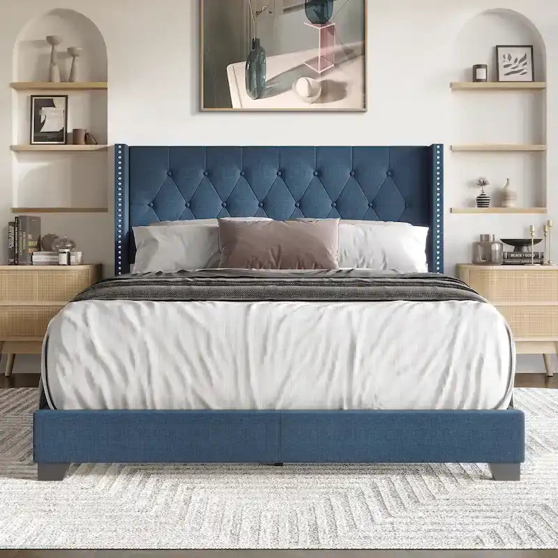 Button Tufted Wingback Upholstered Bed, Multiple Sizes and Colors