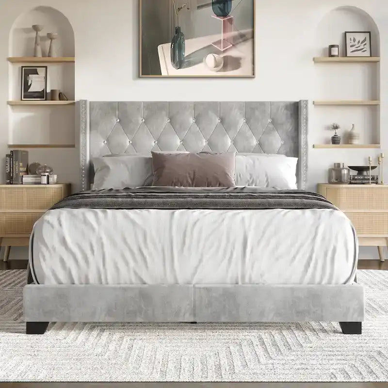 Button Tufted Wingback Upholstered Bed, Multiple Sizes and Colors
