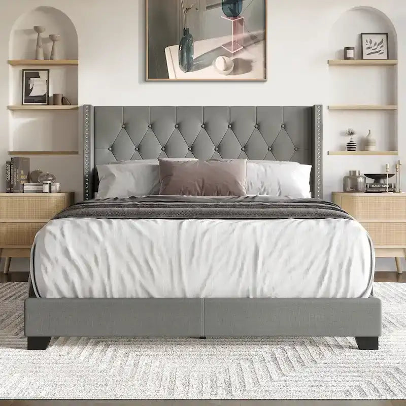 Button Tufted Wingback Upholstered Bed, Multiple Sizes and Colors