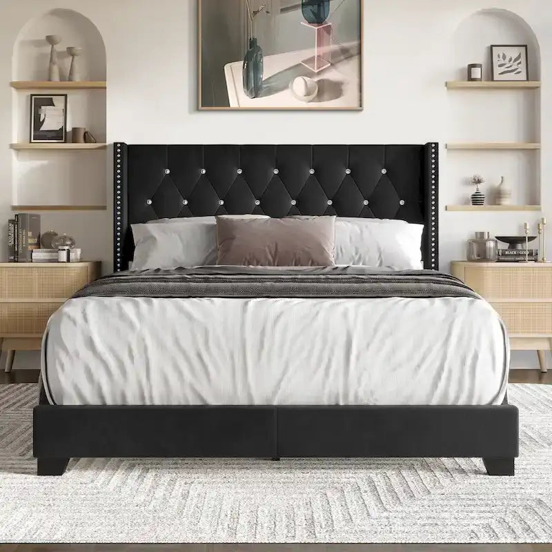 Button Tufted Wingback Upholstered Bed, Multiple Sizes and Colors