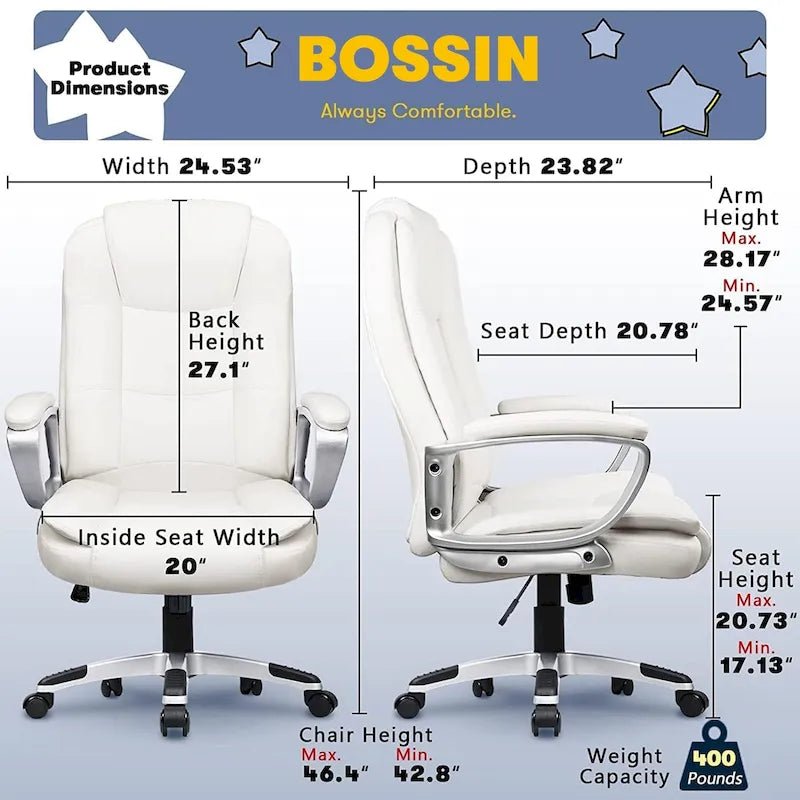 High Back Executive Office Chair, Ergonomic, Leather, 400 lbs
