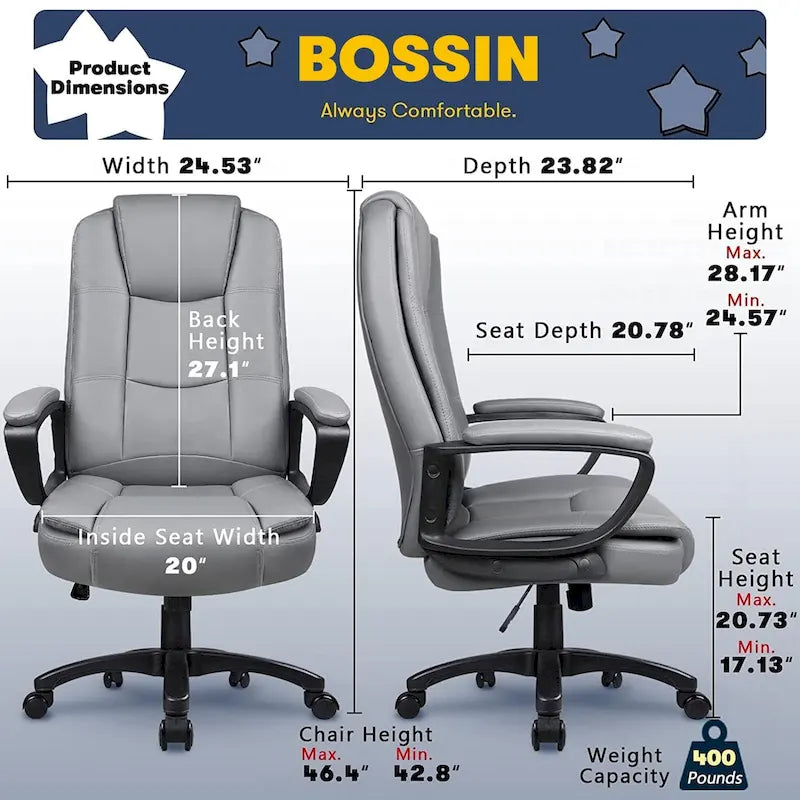High Back Executive Office Chair, Ergonomic, Leather, 400 lbs