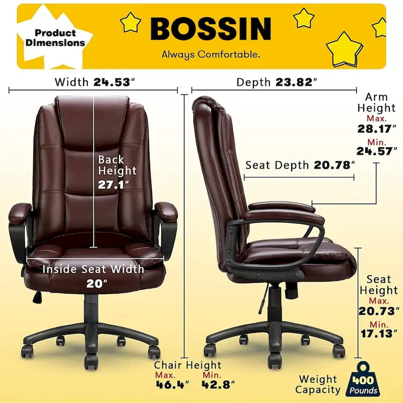 High Back Executive Office Chair, Ergonomic, Leather, 400 lbs