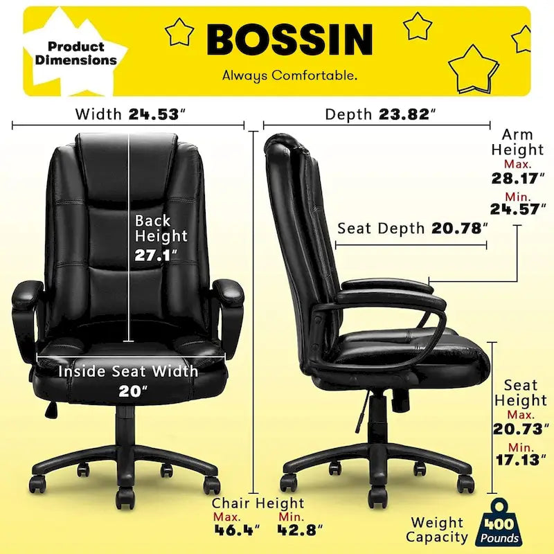 High Back Executive Office Chair, Ergonomic, Leather, 400 lbs